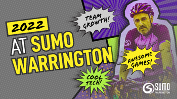 2022 at Sumo Warrington - team growth, cool tech, awesome games. Studio Director Scott Kirkland riding a bike, facing the camera and looking determined. A pop-art style is used on the image to make it look like a comic book strip.